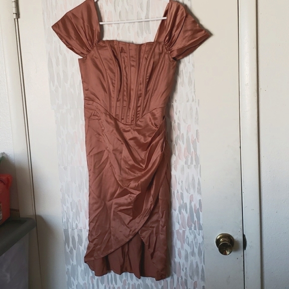 LOEL Off Shoulder High Split Long Formal Party Dress Evening Gown in Copper S - Picture 2 of 12